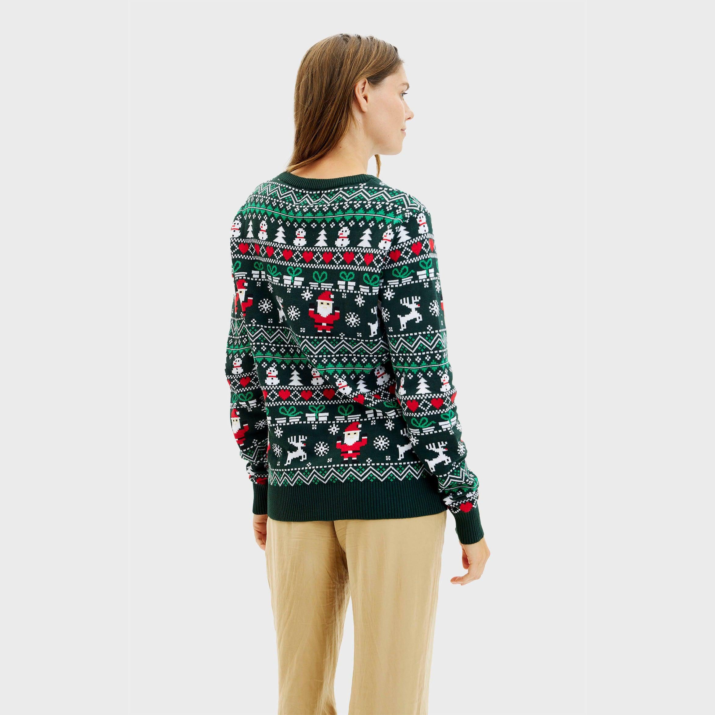 Weihnachtspullover Damen in Grün mit festlichem Muster, Rentiere und Schneeflocken, nachhaltiger Bio-Stoff.